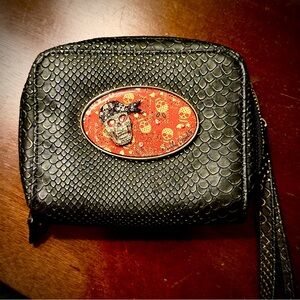 Debbie Brooks Black Leather Women's Wristlet with Skull and Crossbones Design